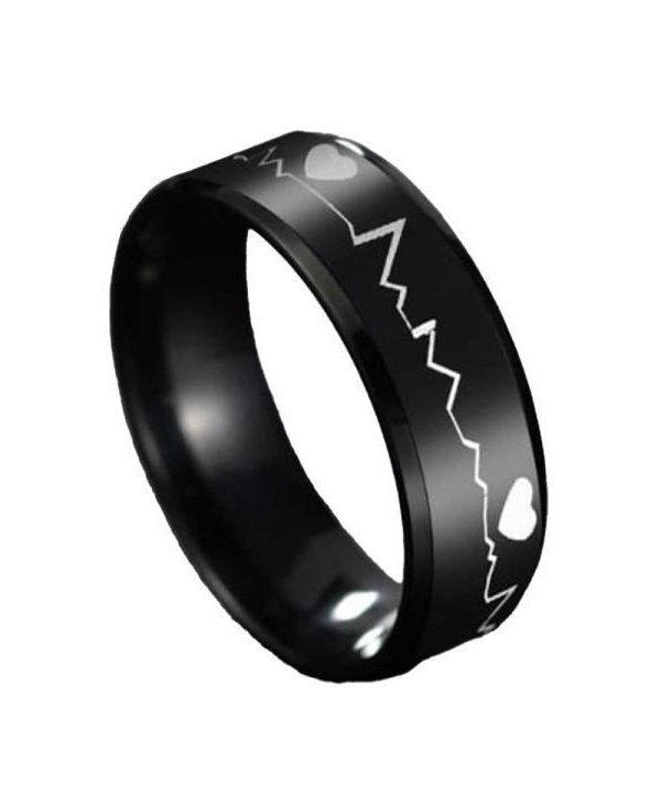 Unique Heartbeat Design Charm Ring - 1 Pc in Black Stainless Steel