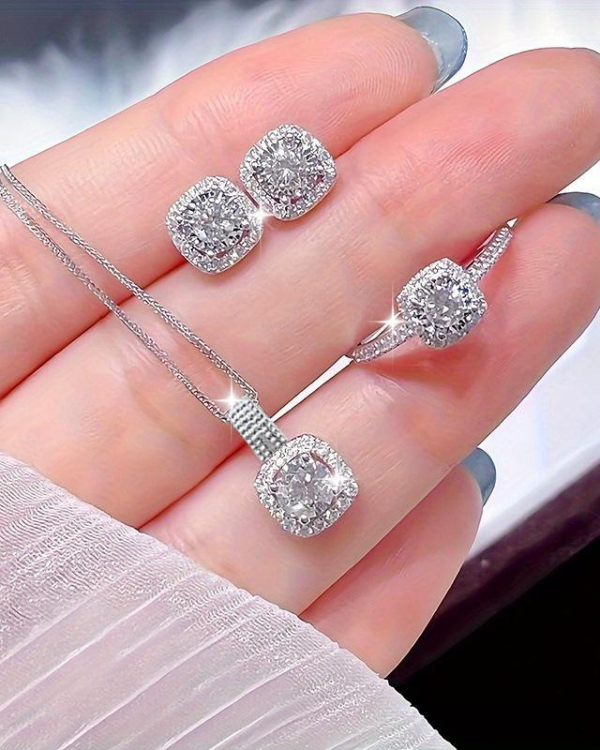 3 Pcs Silver Plated Square Design Crystal Jewelry Set for Women